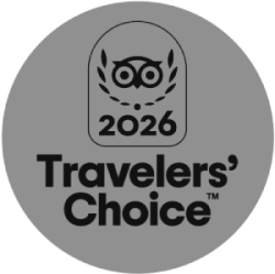 A &ldquo;Travelers&rsquo; Choice 2026&rdquo; badge featuring an owl icon in the center. logo on footer section.