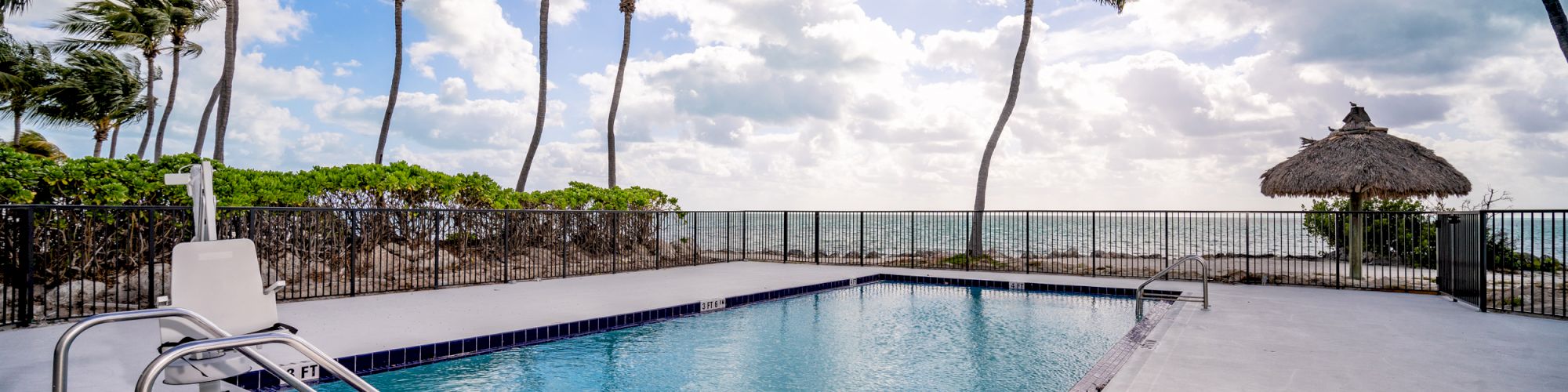 An outdoor pool near the ocean with palm trees, lounge chairs, and a thatched-roof umbrella. The sky is partly cloudy, creating a serene atmosphere.