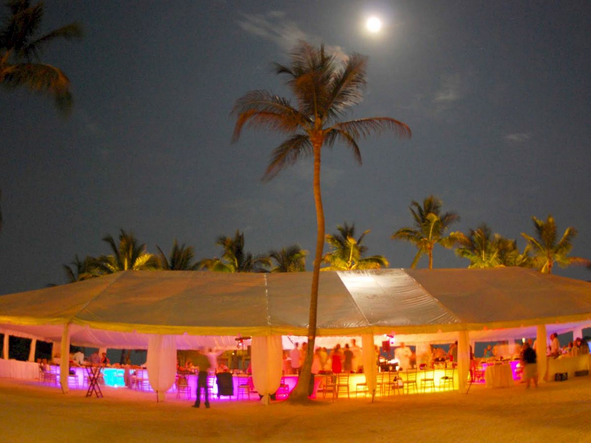 A beachside tent with colorful lights and palm trees at night, with a full moon in the sky.