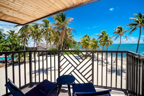 A beach view from a balcony featuring palm trees, a clear blue sky, and ocean. Two chairs with a small table are on the balcony.