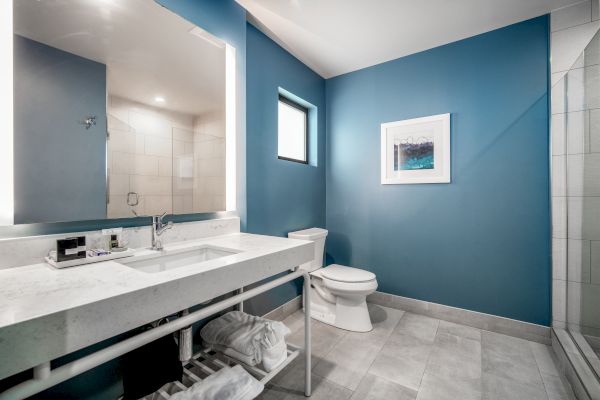 This image shows a modern bathroom with blue walls, a vanity with a large mirror, a toilet, a shower, and storage shelves with towels underneath.