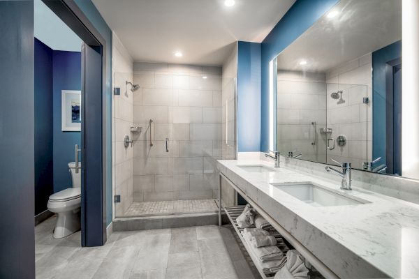 This image shows a modern bathroom with a walk-in shower, toilet, wide mirror, double sink, and storage shelves beneath the countertop.