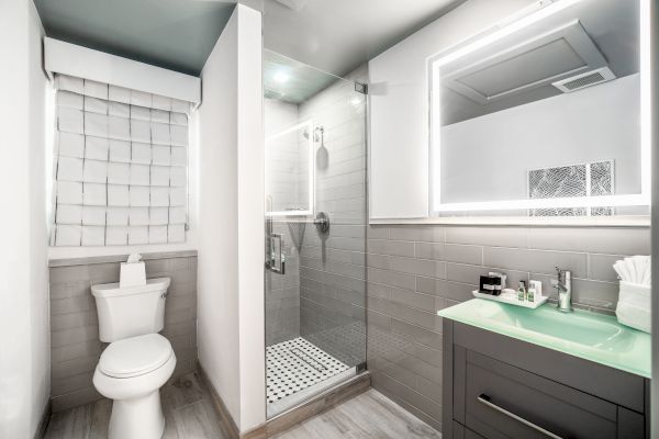 This image shows a modern bathroom with a toilet, a glass shower enclosure, and a vanity with a large backlit mirror and sink.