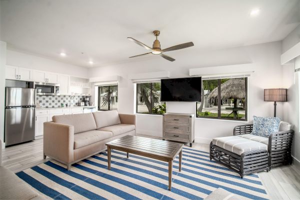 A modern living room with a sofa, armchair, striped rug, TV, ceiling fan, and kitchen area in the background, featuring large windows.