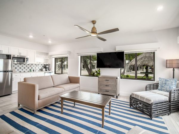 A modern living room with a sofa, armchair, striped rug, TV, ceiling fan, and kitchen area in the background, featuring large windows.