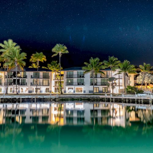 The image shows a waterfront building with palm trees at night, reflecting in the water under a starry sky.