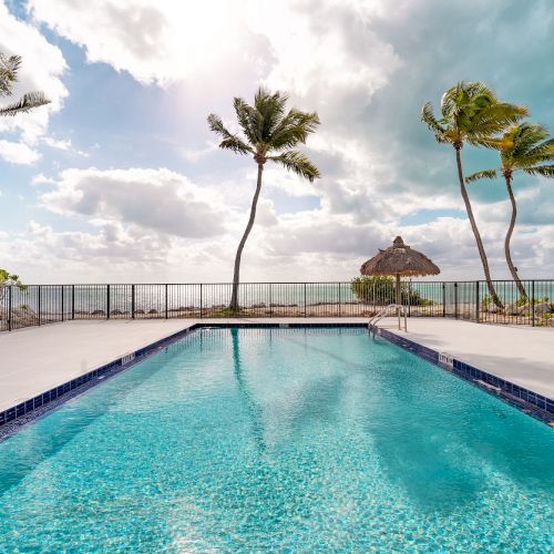 A serene image of a swimming pool overlooking a beach, framed by palm trees under a partly cloudy sky, creating a tropical paradise scene.