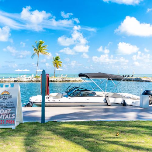 A scenic waterfront view with a boat docked near a shoreline. A sign next to the boat advertises rentals under clear blue skies.