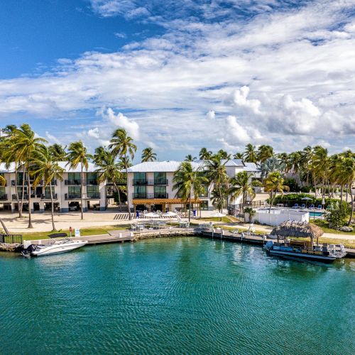 A tropical waterfront scene with palm trees, a resort building, and boats by a dock under a partly cloudy sky.