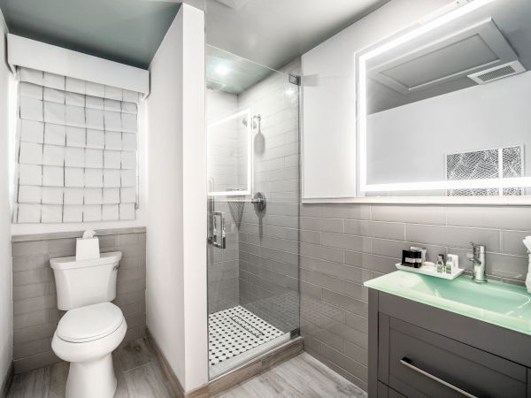 This image shows a modern bathroom with a toilet, a glass shower enclosure, and a vanity with a large backlit mirror and sink.