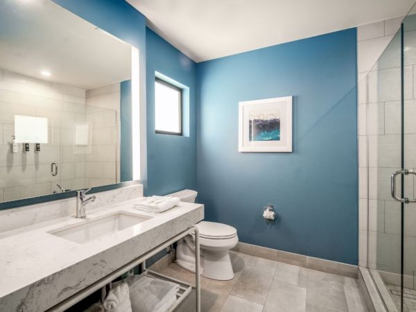A modern bathroom with a blue accent wall, mirror, sink, toilet, and a glass shower. The room is bright and has minimalist decor.