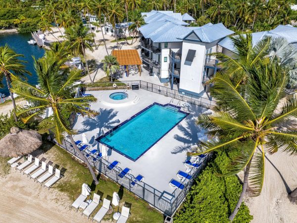 Aerial view of a tropical resort with a swimming pool, palm trees, lounge chairs, and nearby beach access.